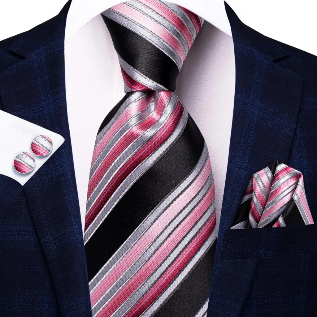 Black Pink Striped Silk Wedding Tie For Men Handky Cufflink Gift Men Necktie Fashion Business Party Dropshiping Hi-Tie Designer