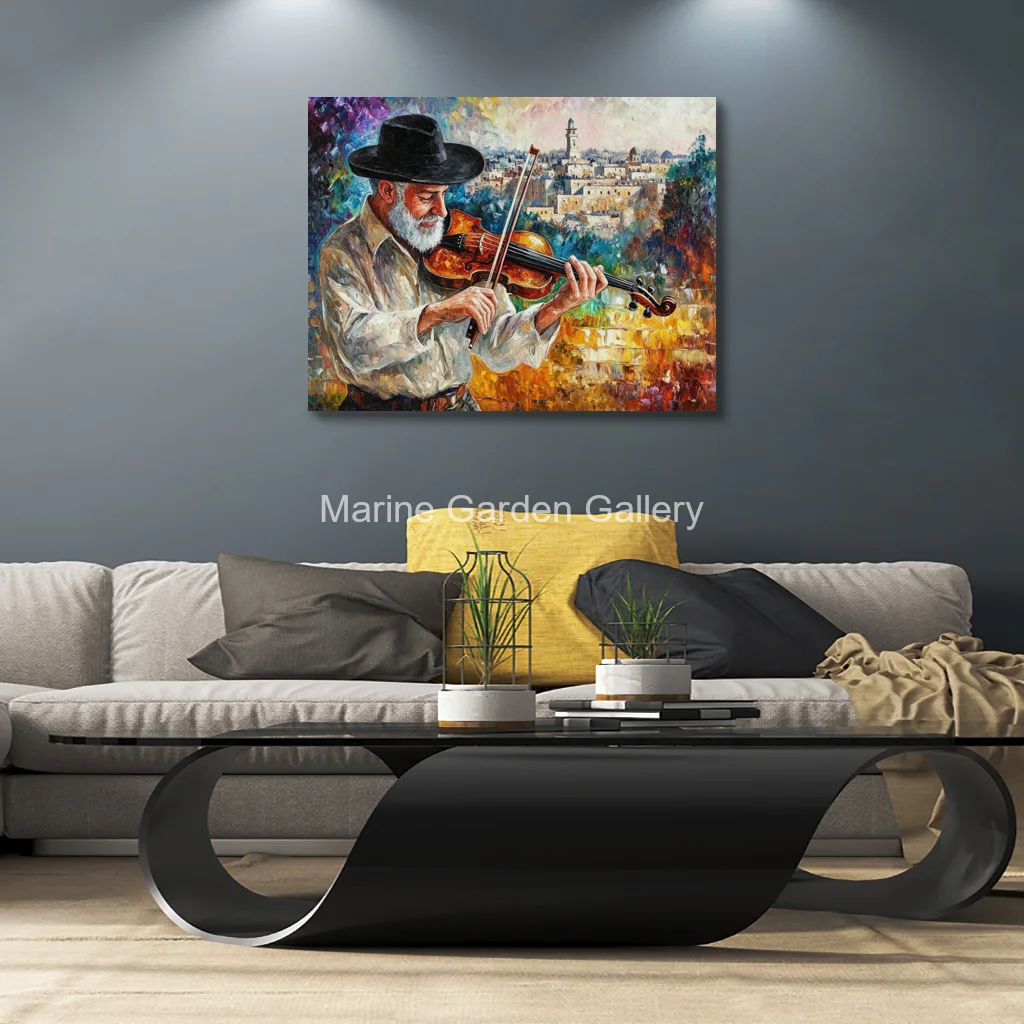 Hand Painted Jewish Violinist Oil Painting Jerusalem Old City Textured Canvas Musician Portrait Contemporary Art for Living Room