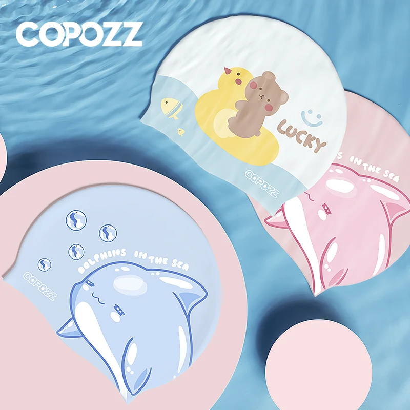 COPOZZ Swimming Cap For Children Kids Waterproof Elastic Silicone Swim Pool Cap Ear Protection Cartoon Swim Hat For Boys Girl