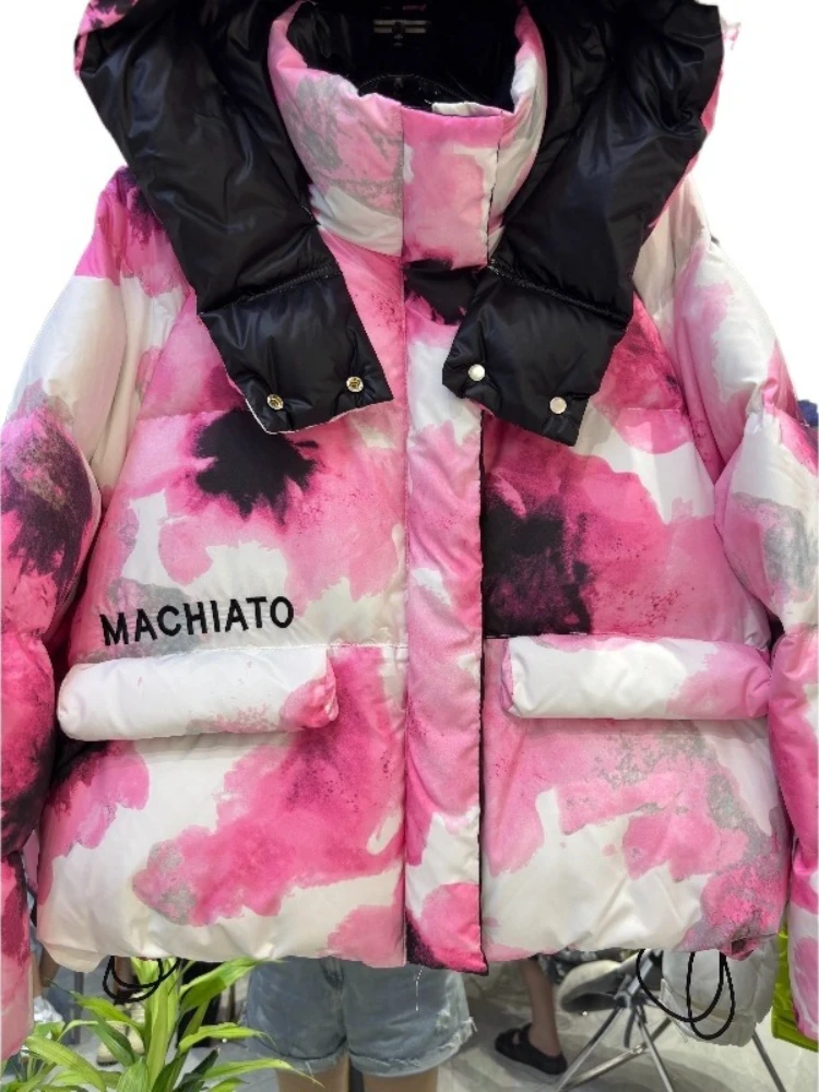 Piumino da strada alla moda Abbigliamento invernale da donna 2025 Nuovo vintage Y2k stampato con cappuccio sciolto piumino d'anatra bianca Abbigliamento esterno