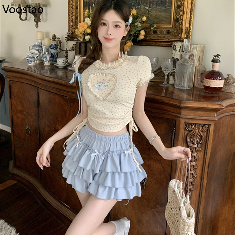 Kawaii Sweet Lolita Style Skirt Sets Women Floral Print Ruffles Hearts Blouse Tops Bow Mini Skirt Suit Japanese Two Piece Set