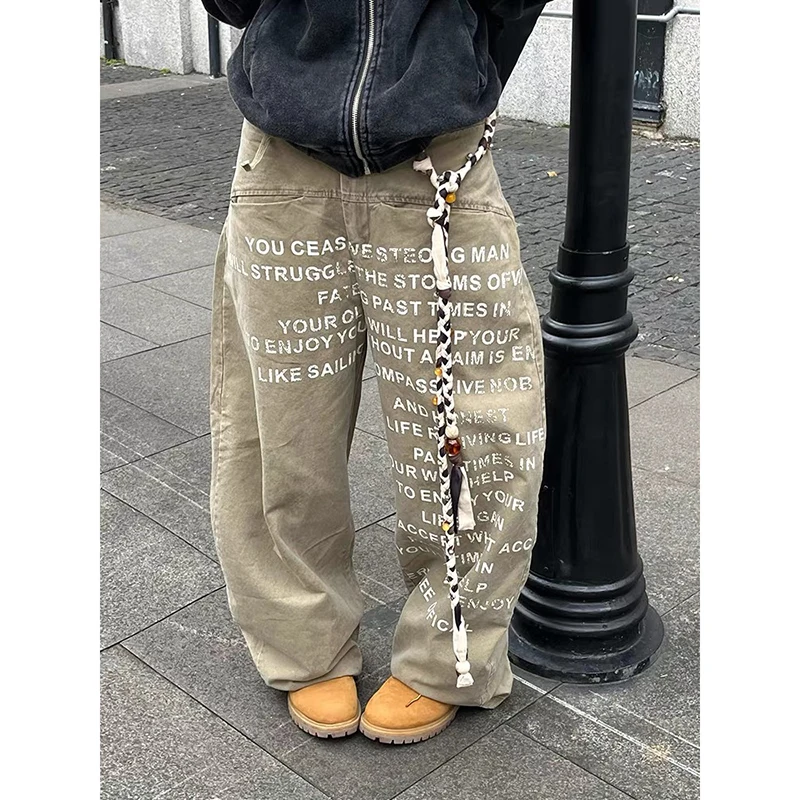 

YIBASHU Women Y2K American Retro 2000s Jeans Letter Print Curved Knife Workwear Wide Leg Loose Straight Leg Casual Khaki Pants