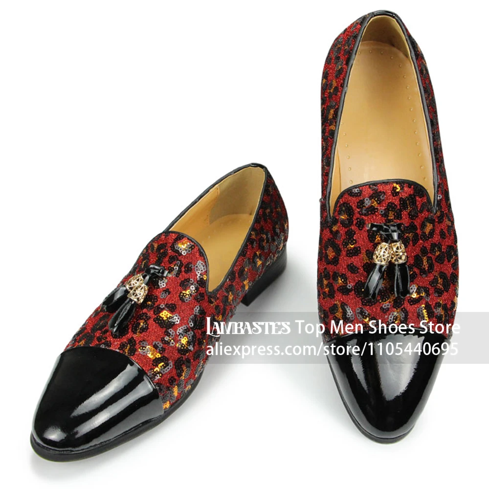 Red Leopard Sequin Loafers Glitter Sequin Party Slip on Shoes Tassel Vamp with Gold Decor Dress Shoes Glam Wedding Shoes for Men
