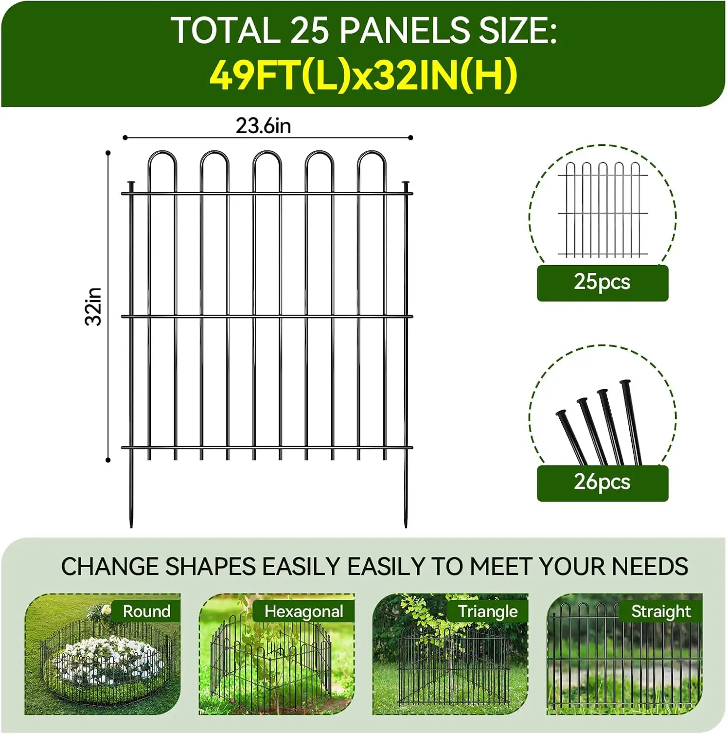 25 Panels Decorative Garden Fence, 50ft X 32in Rustproof Metal Animal Barrier Fence, No Dig Fence Garden Fence, Arched Flower