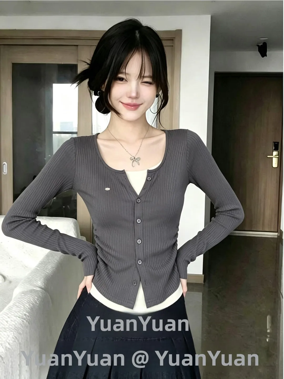 Casual Vintage Long Sleeve T-Shirt Women's Grey Shoulder Level Top Spring Autumn New Style Fake Two-Piece Polyester Breathable
