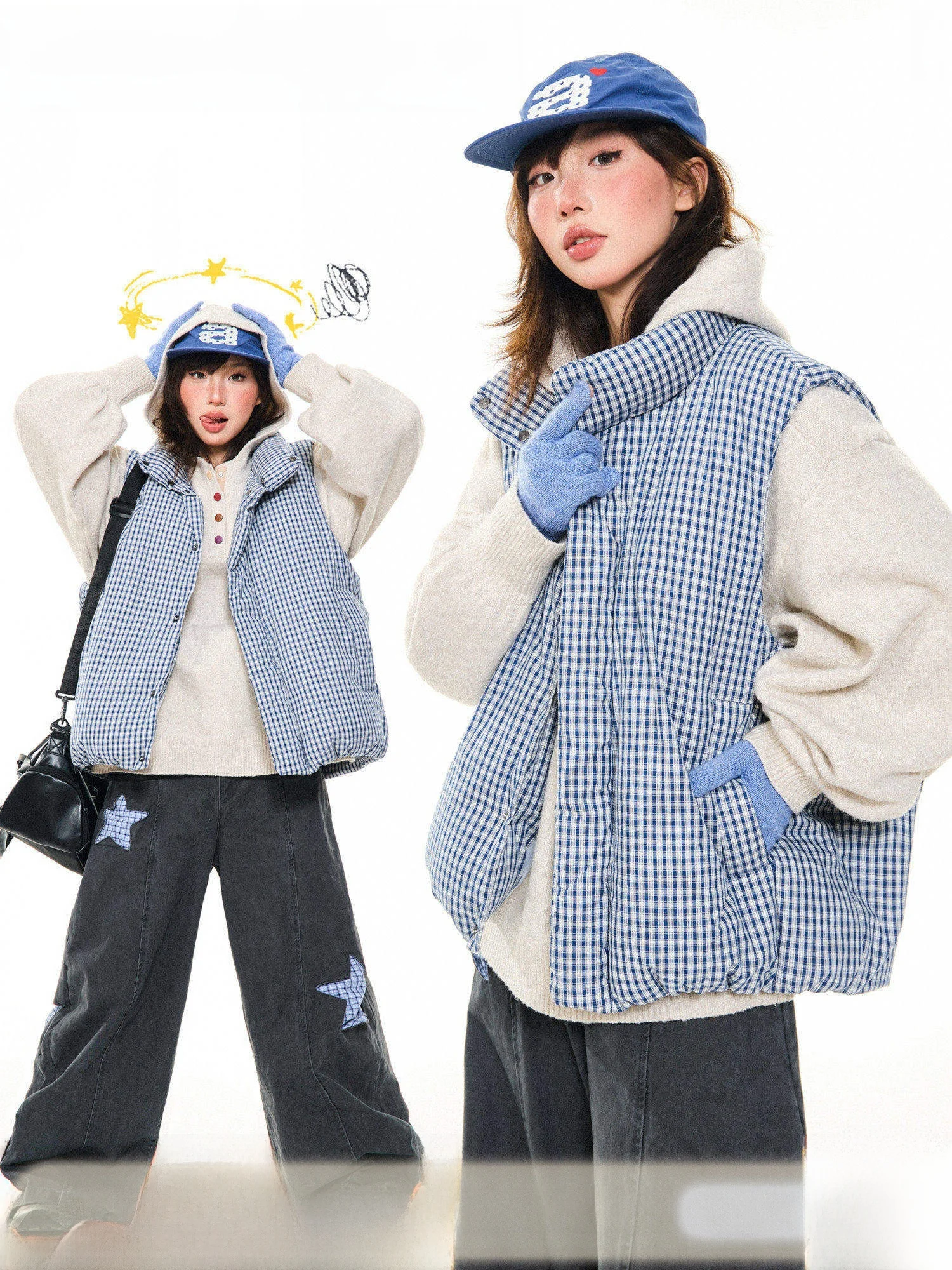 

Young Stage American Plaid Women's Duffle Coat Jaet Loose Layering Top Winter Design Versatile Du down Vest