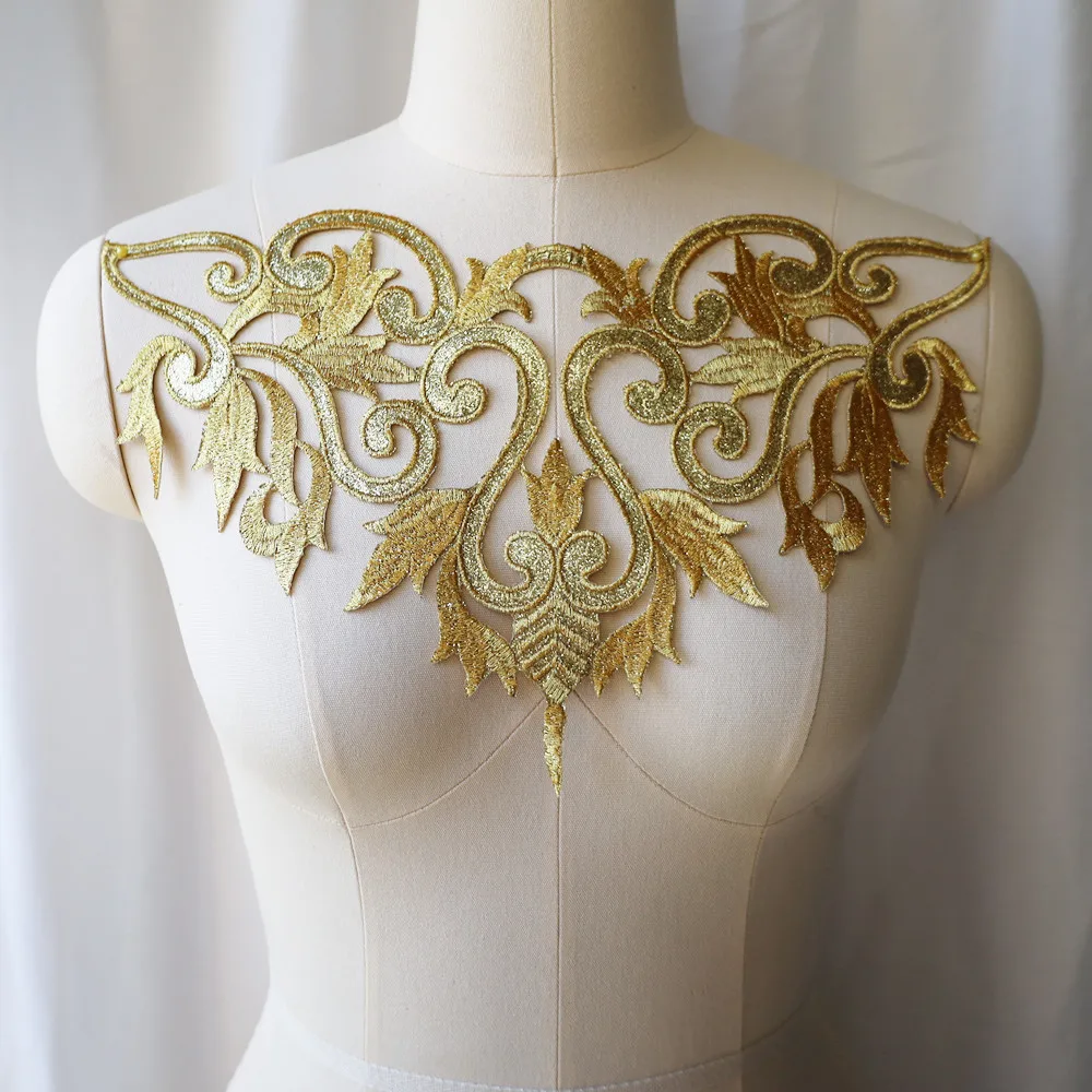 Gold Embroidery Sequin Baroque Flower Applique Fabric Collar Sew Iron Patch Wedding Bridal Gown Dress DIY Clothes Decor Crafts