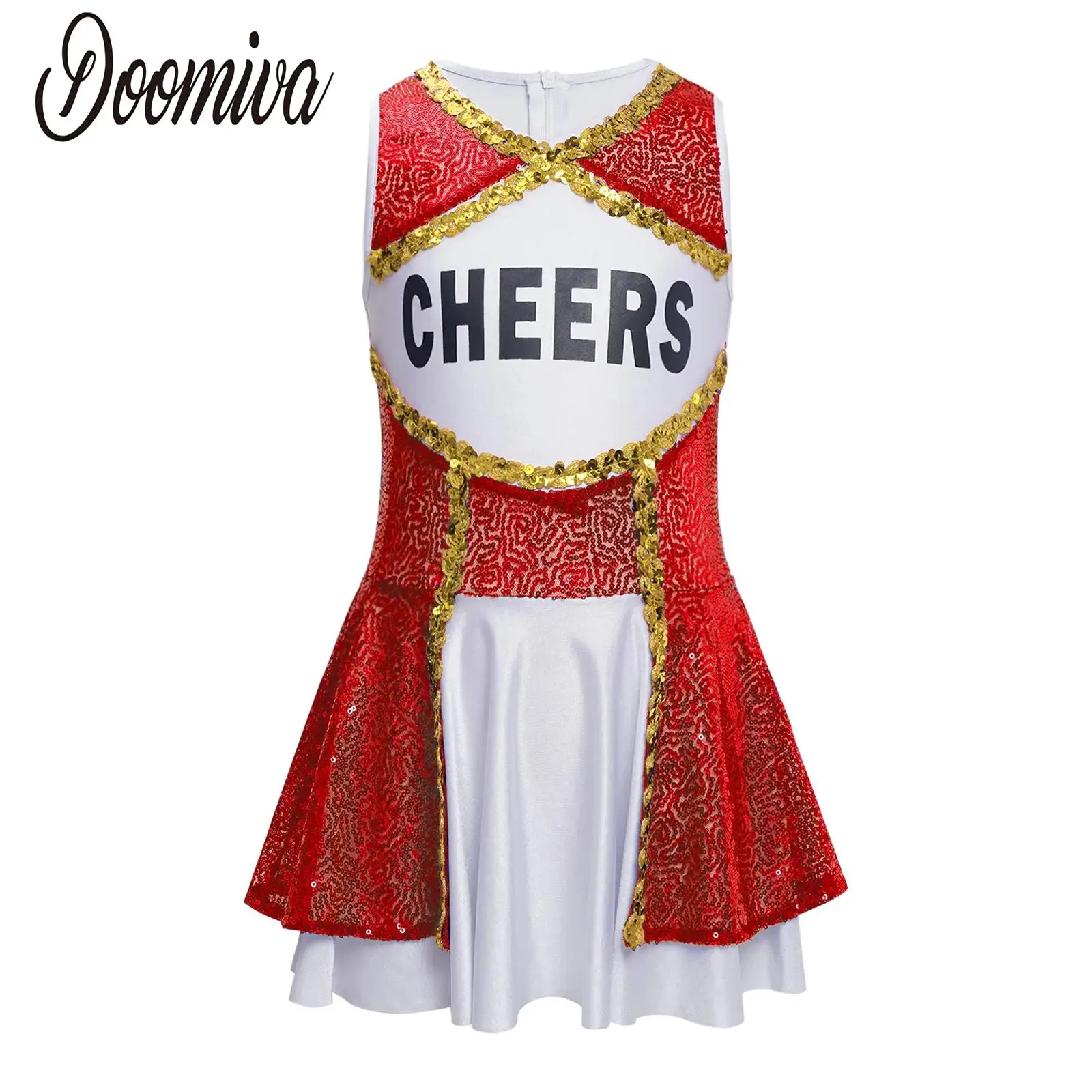 

Kids Girls Cheerleading Dance Dress High School Uniform Sleeveless Shiny Sequins Color Block Dress Halloween Performance Costume