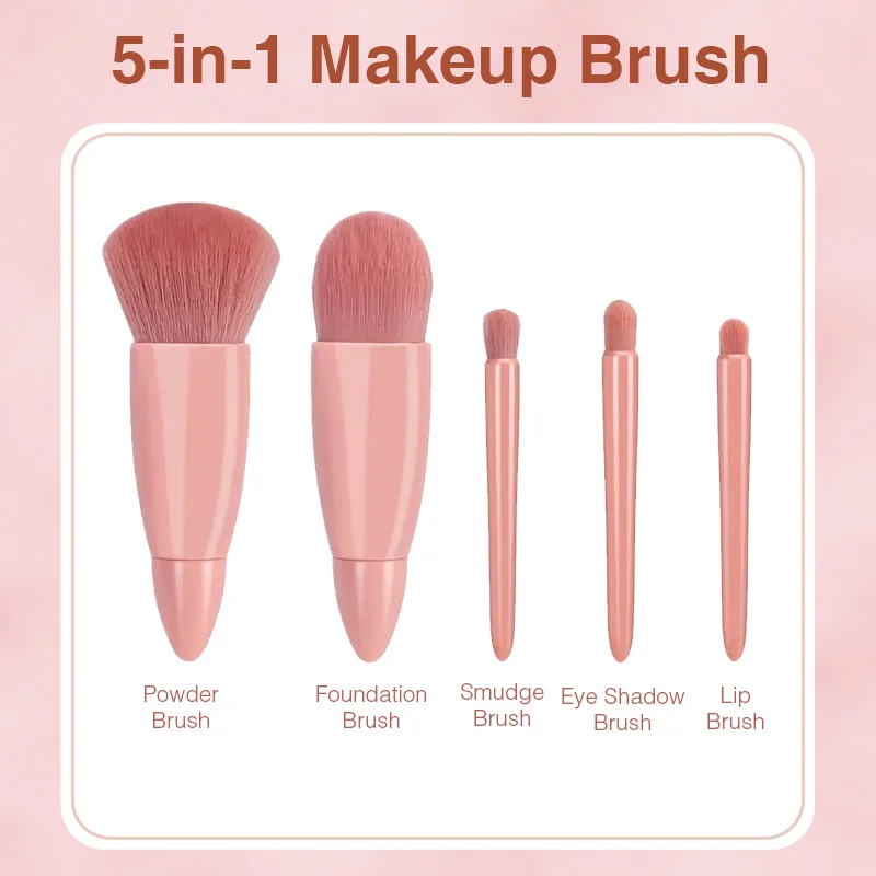 Portable 5PCS Makeup Brushes Set With Mirror Mini Multi-function Foundation Brush Eyeshadow Powder Brush Foldable Cosmetic Tools