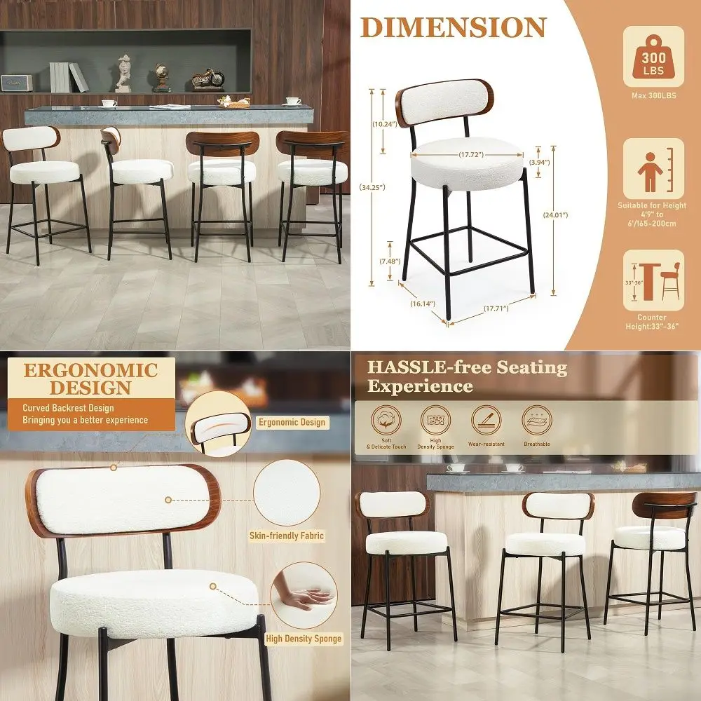 

White Bar Stools Set of 4, Modern Counter Height Bar Stools, Boucle Barstools with Wood Back for Kitchen Island, Upholstered Fa