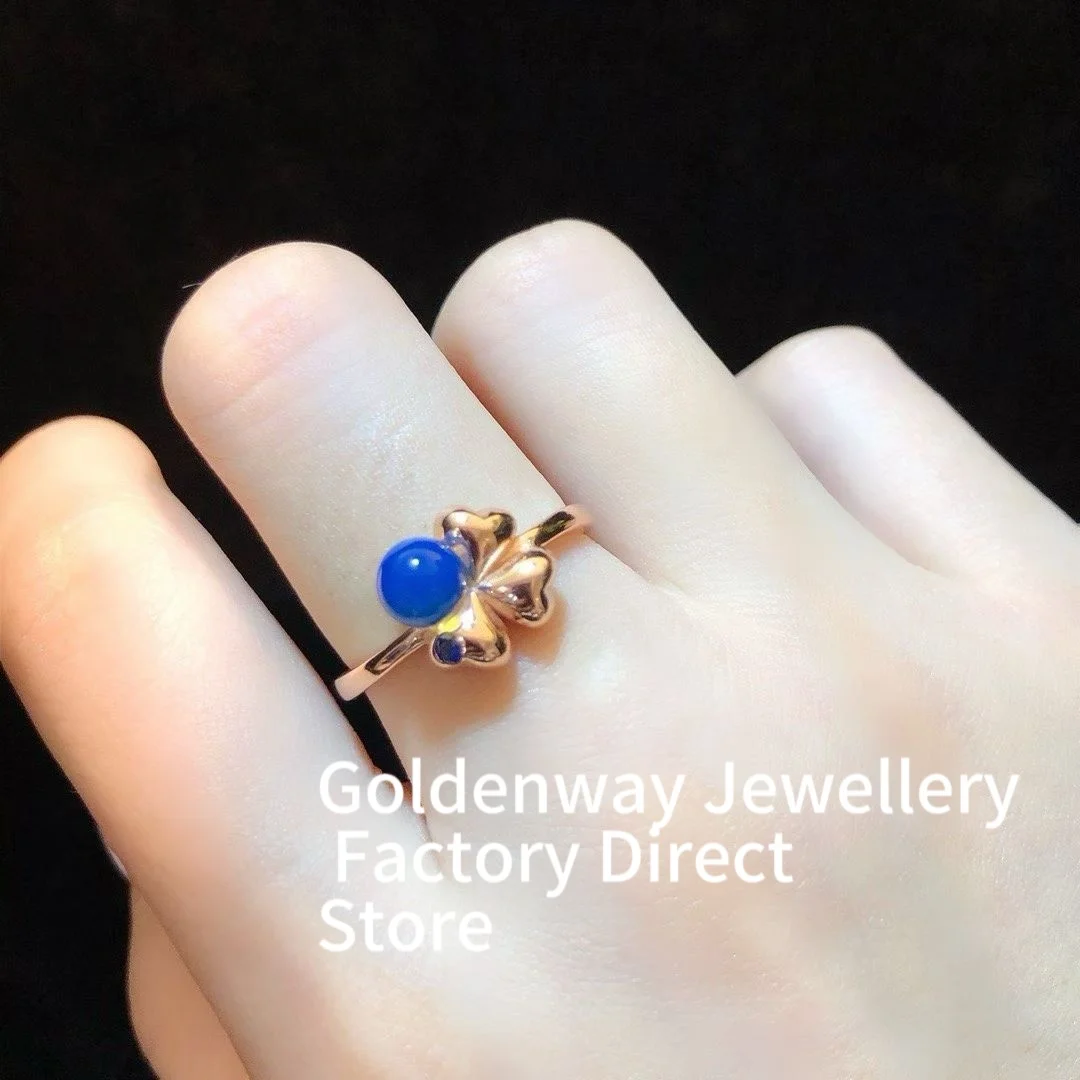 Certificated 925 Silver Natural Dominican Blue Amber Women Fine Jewelry Rose Gold Genuine Amber Four-Leaves Clover Finger Ring
