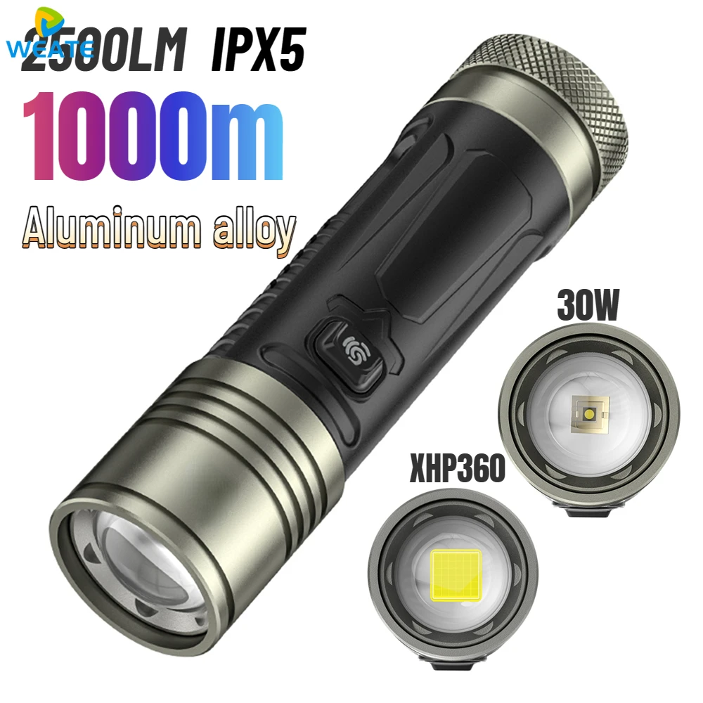 

2000LM LED Flashlight 26650 Type C 2A Rechargeable XHP360 1000m Range Torch with Power Indicator and Power Output Interface