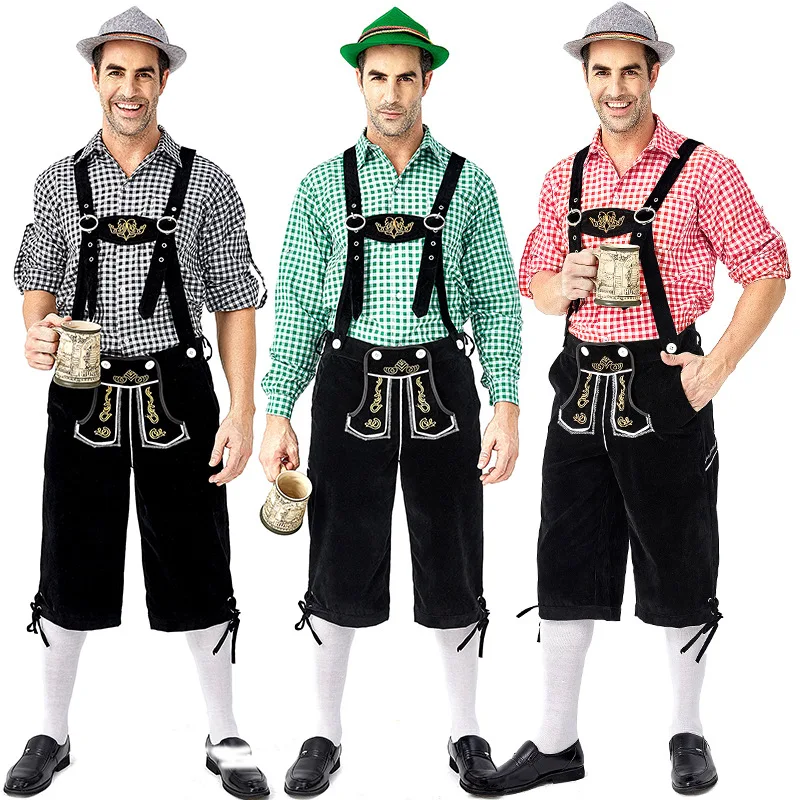 

German Traditional Men's Oktoberfest Outfit - Black Suspender Pants Set with Plaid Shirt & Hood