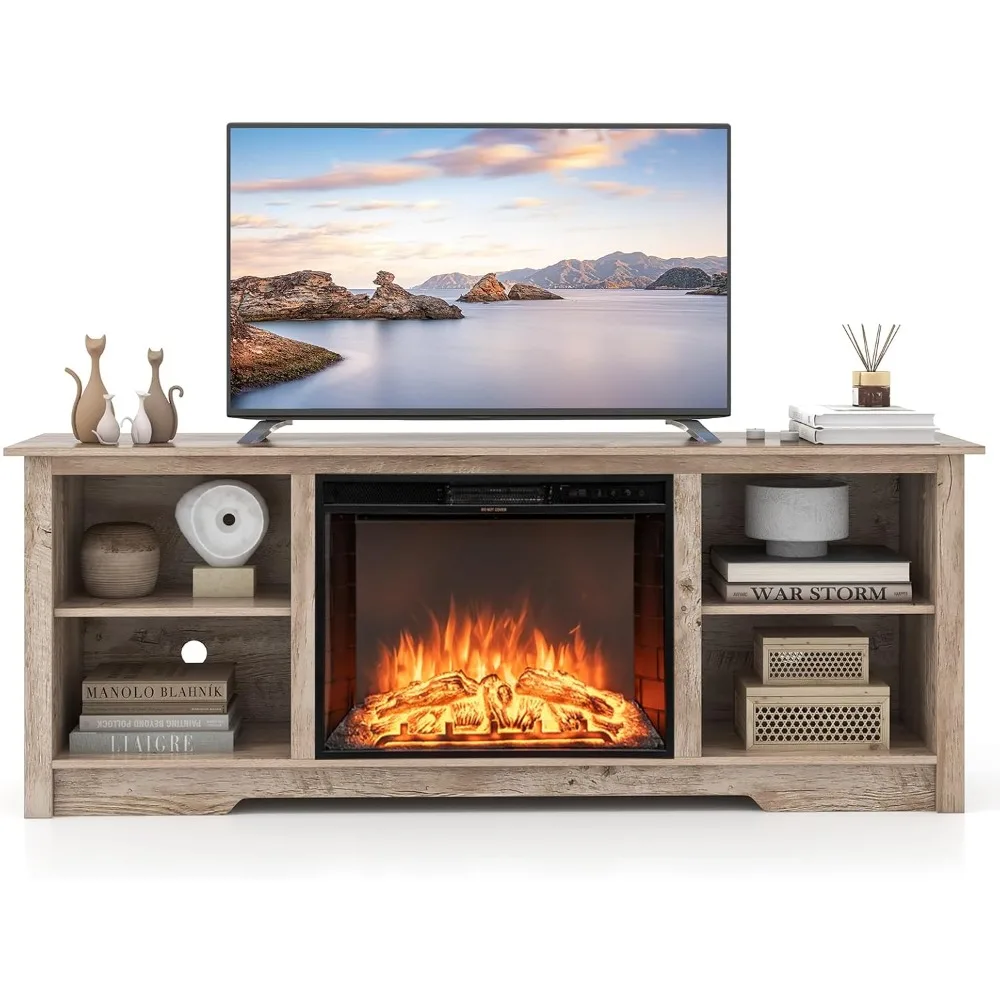 Electric Fireplace TV Stand for TVs up to 75 Inches, 1500W Heater Insert with Remote Control, 3 Flame Colors, 70-inch Wooden