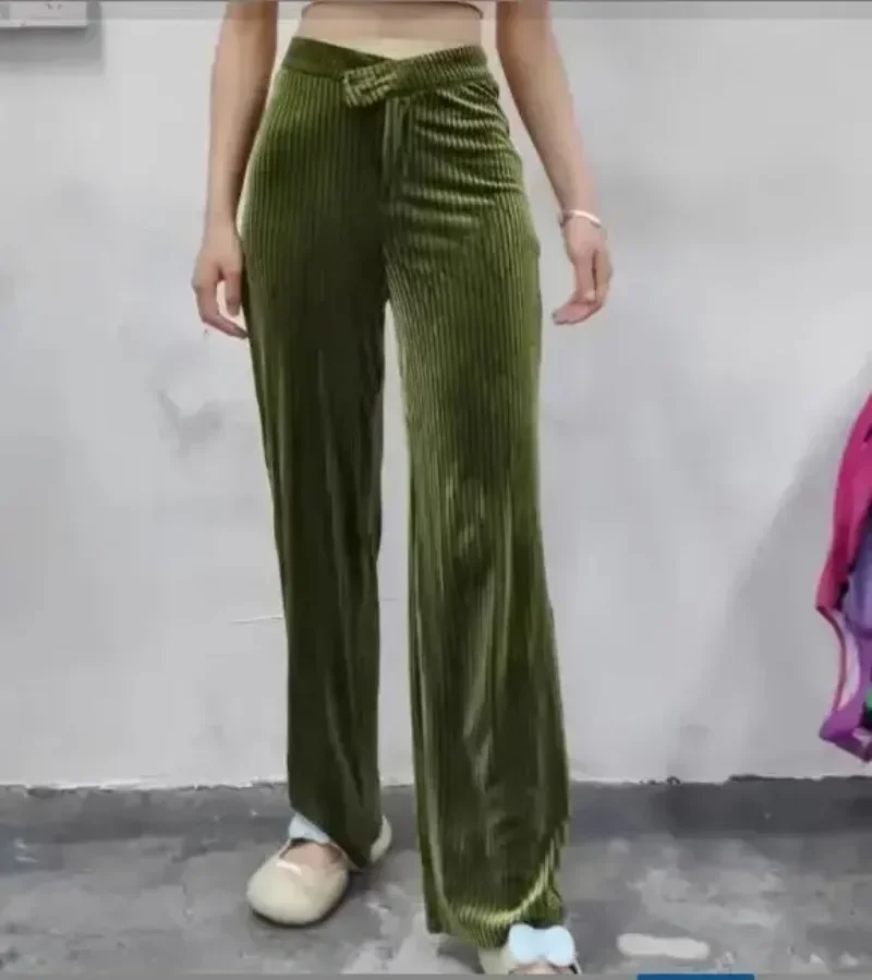 レディース ストリートウェア コーデュロイ ジップフライ Vローウエスト ストレート ワイドレッグ トラウザーズ 秋冬 ファッションパンツ