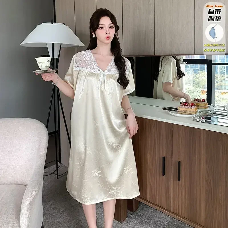 

Летняя женская ночная сорочка 2026 года с коротким рукавом, сексуальная, кружевная, с V-образным вырезом, из ледяного шелка и атласа, для сна