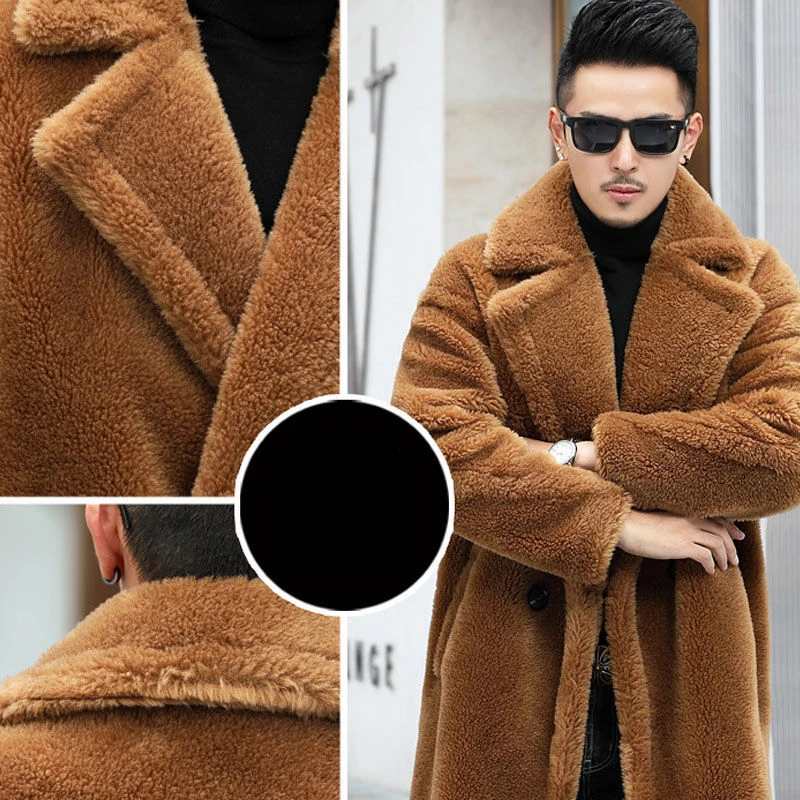 Warm Winter Men Leather Jacket Wool Long Alpaca Coat Fur Windbreaker Faux Fur Coat Windproof Outerwear Casual Fashion