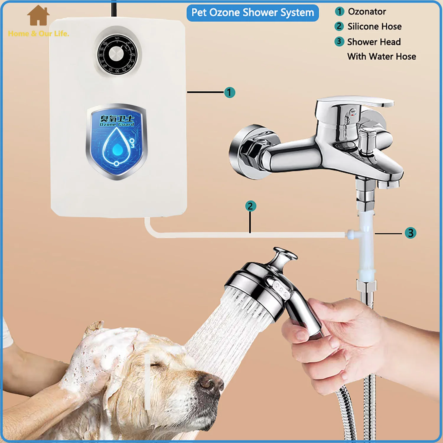 دش احترافي للأوزون للحيوانات الأليفة - نظام استحمام متطور للحيوانات الأليفة لتطهير فعال وإزالة الرائحة والعناية بالبشرة وتنظيف لطيف