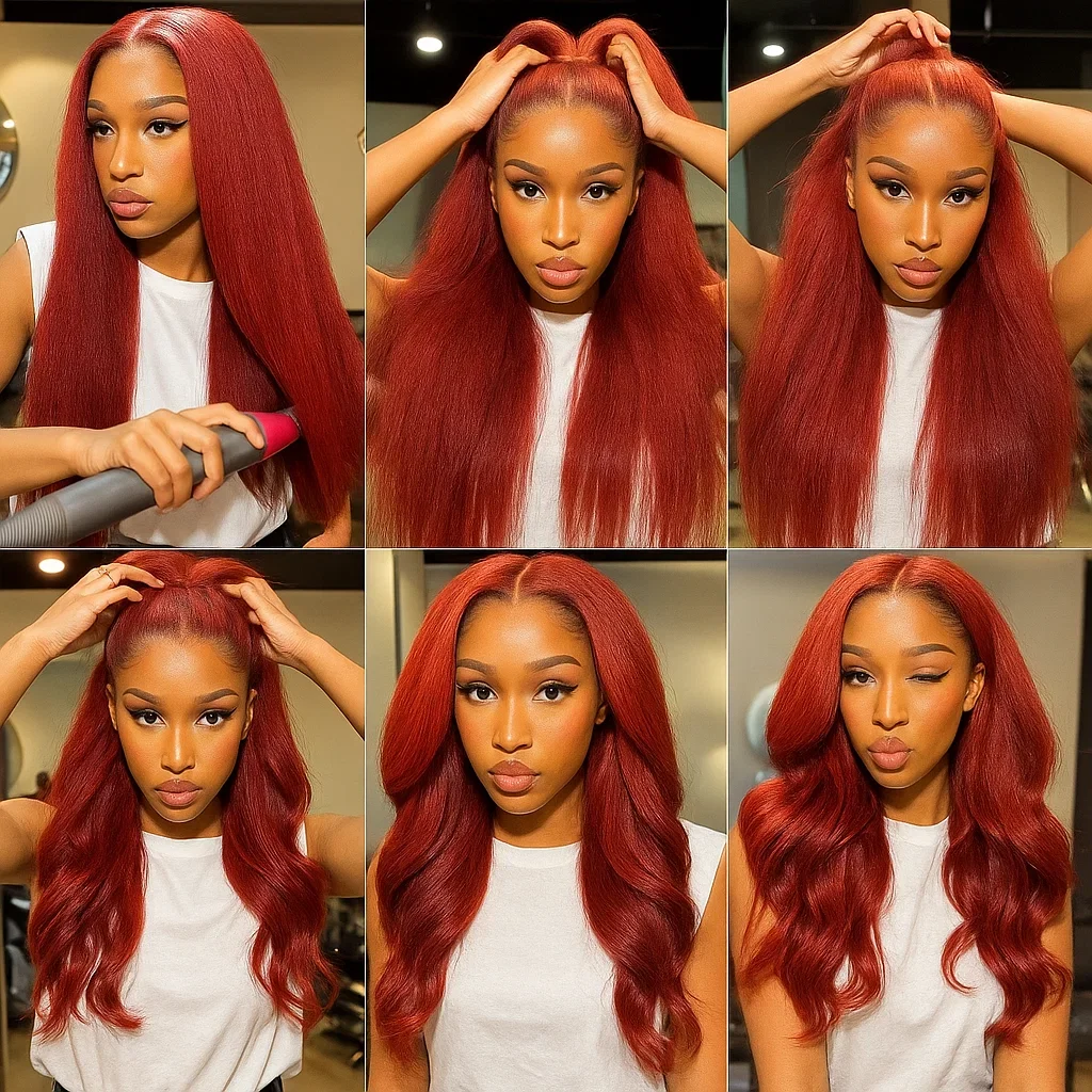 Wig Rambut Asli Wanita Warna Coklat Kemerahan Keriting Lurus 13x4 Lace Front, Wig Keriting Lurus Yaki Warna Tulang dengan Lace Frontal