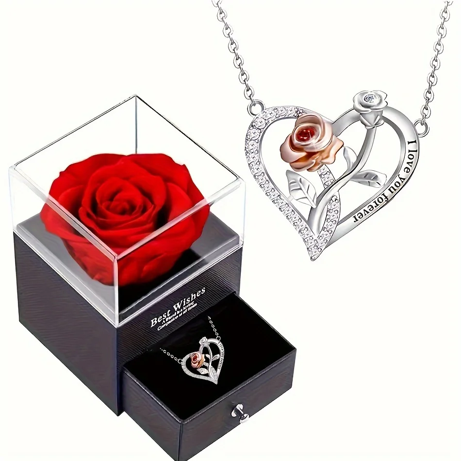 I Love You Forever Necklace With Rose Flower Gift Box For Girlfriend Mother Birthday Romantic Gift 2024 New Fashion Jewelry