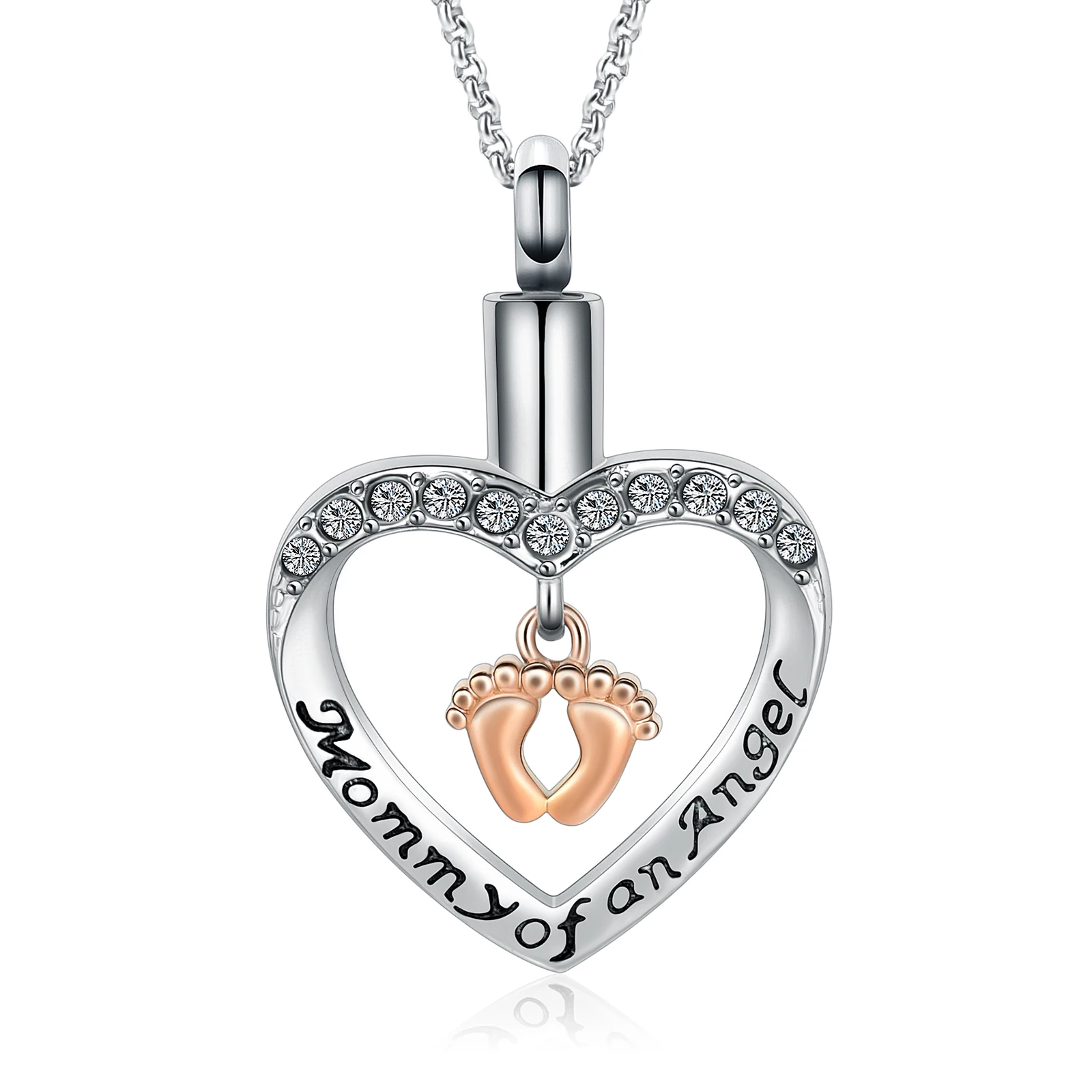 Heart Shape Urn Necklace Baby Footprint Pendant Ashes Holder Stainless Steel Mommy of an Angel For Women Keepsake Jewelry