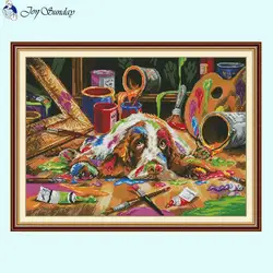 Puppy loves to draw Animal Patterns Cross Stitch Kit 14CT 16CT 11CT White Count Stitch Printed Canvas Embroidery Kits Needlework