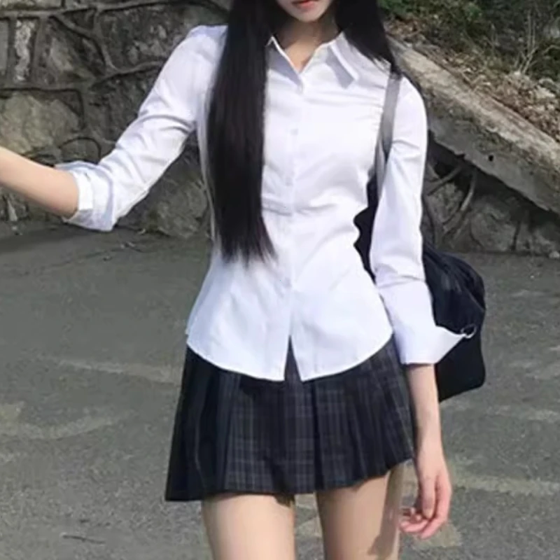 Harajuku Y2K Camicia bianca slim fit Donna 2025 Vita dimagrante Manica lunga Camicie Jk Donna All Match Colletto rovesciato Camicetta chic