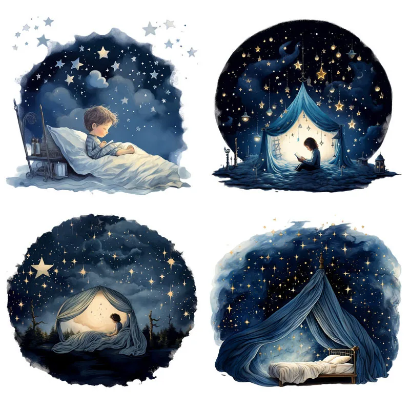 Cartoon Starry Sky Sleep Outdoor camping Stickers Children's Clothing DIY Iron on Stickers Vinyl DTF Heat Transfer Stickers