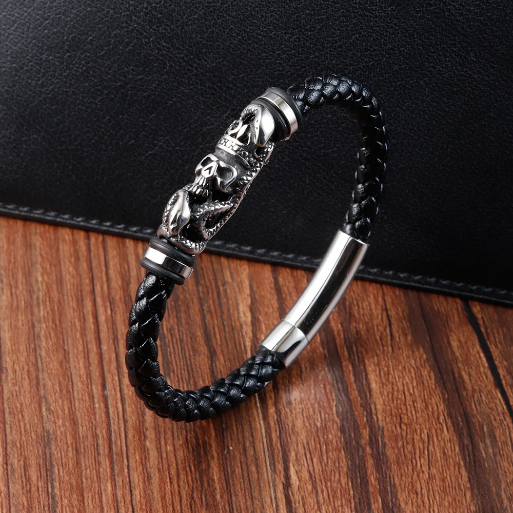 Pulsera de cuero trenzada de acero inoxidable para hombre, brazalete de Calavera, regalo de joyería Simple