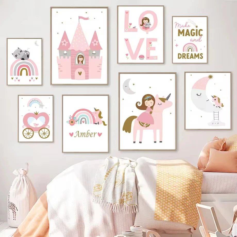 Pink Princess Castle UnicornCat Rainbow Moon Wall Art Canvas Painting Nordic Posters and Prints MuralsChildren's Room Decoration