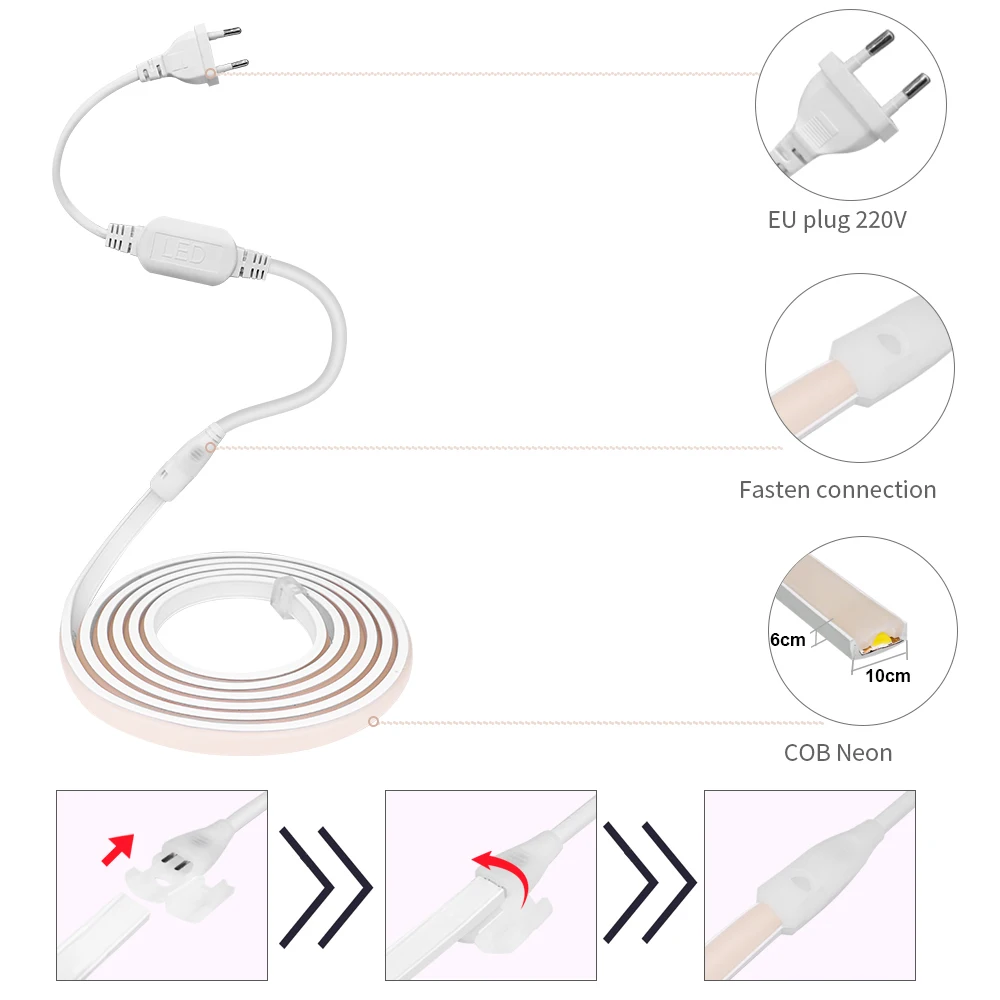 1-100M High Bright COB LED Strip Light Waterproof 220V 288leds/M CRI RA90 Outdoor FOB LED Tape EU Plug Garden Kitchen Home Decor