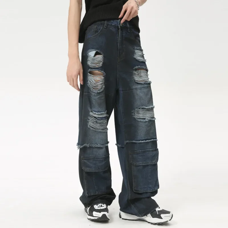 

Men's Ripped Jeans 2024 Spring Summer New American Street Style Washing Straight-leg Zipper Opening Casual Male Denim Pants