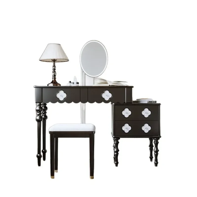 French Antique Shell Dressing Table Retro Pure Solid Wood Bedroom Vanity with Integrated Storage Compact Design for Small