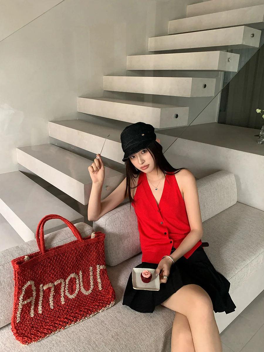 เสื้อกั๊กถักนิตติ้งลำลอง DT ETOLIE สำหรับผู้หญิง ฤดูร้อน ทรงเข้ารูป ผ้าผสมคอตตอน สีพื้น กระดุมเม็ดเดียว