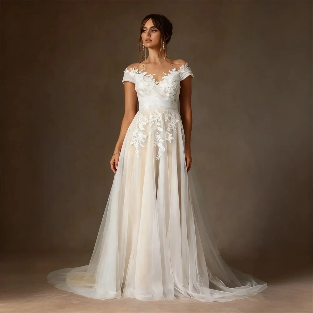 

Off-Shoulder Elegant Sweetheart Neck A-line Wedding Dress, Zipper Back, Floor-Length Sweep Train Gown, Custom Made.
