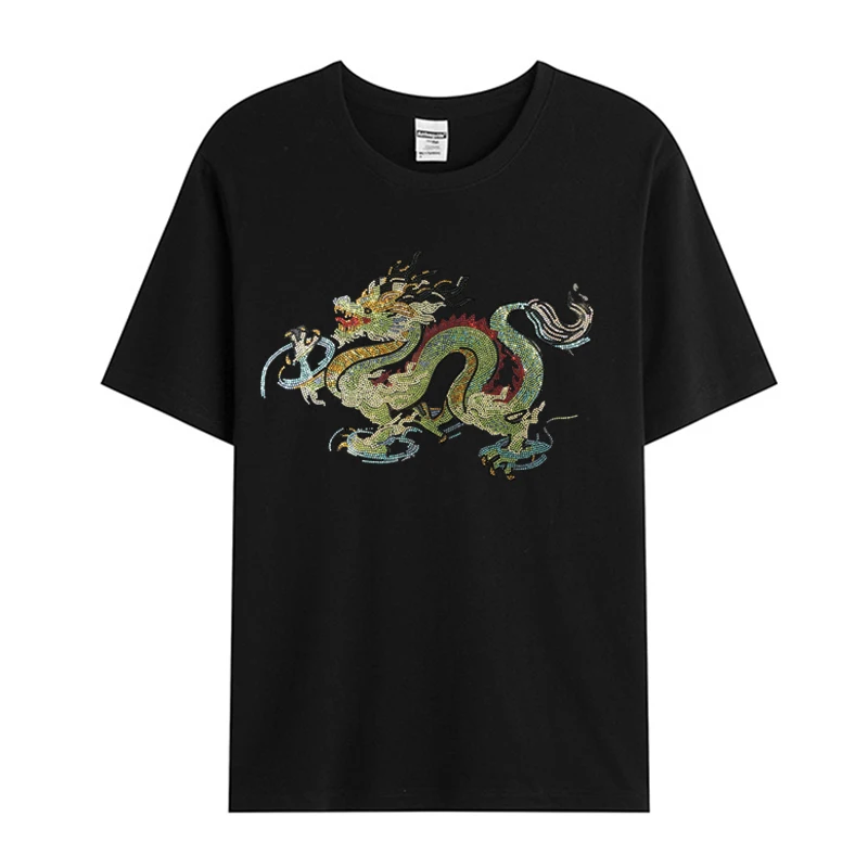 New men's short sleeve dragon pattern cotton casual T-shirt comfortable high quality diamond T-shirt