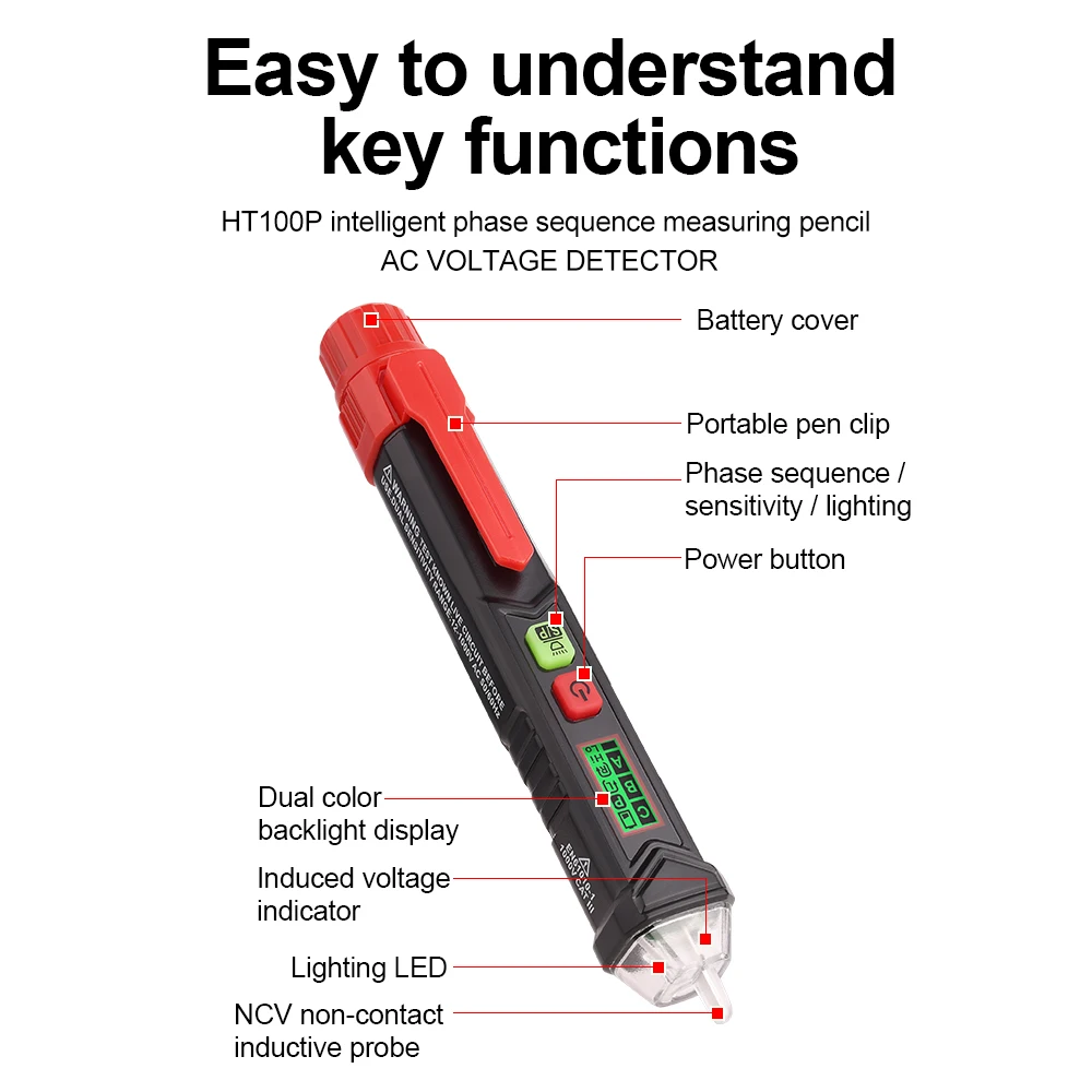 HABOTEST Non Contact Voltage Tester Pen Sound Light Alarm Dual Sensitivity AC12-1000V Live Neutral Detector Auto Power Off HT90 view 4