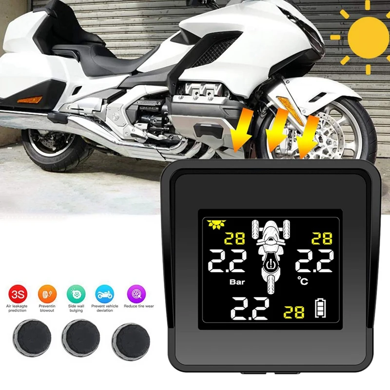 Solar sem fio pneu pressão monitoramento sistema, motocicleta tpms monitor, lcd display, 3 sensores externos, 2x