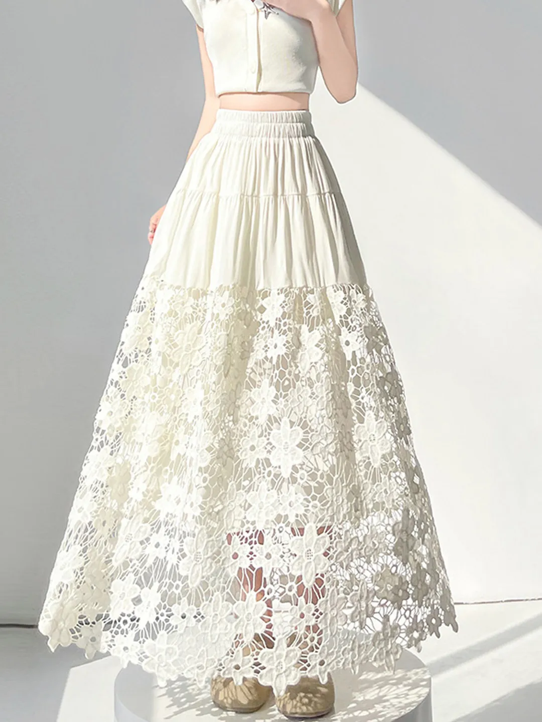 

Элегантная весенняя модная юбка миди с высокой талией для женщин, нежная пышная юбка А-силуэта с вышивкой крючком и узором «пудель»