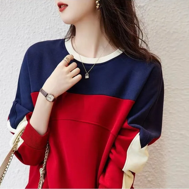 Autumn and Winter Women\'s Pullover Round Neck Contrast Shoulder Drop Long Sleeve Tee T-shirt Hoodies Fashion Casual Loose Tops