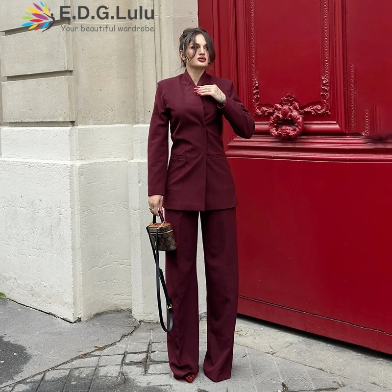 

EDGLuLu Two Piece Set For Woman V-Neck Single Breasted Long Sleeved Suit Jacket Top+Long Pants Red Chinese Style Suit 0719