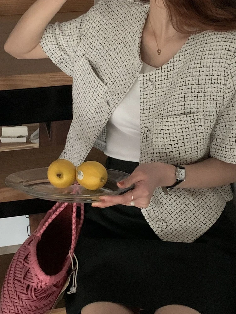 봄 초 플래드 반팔 여성 겉옷 루즈핏 오픈 가디건 탑 통근 스타일 패션 디자인 캐주얼 겉옷