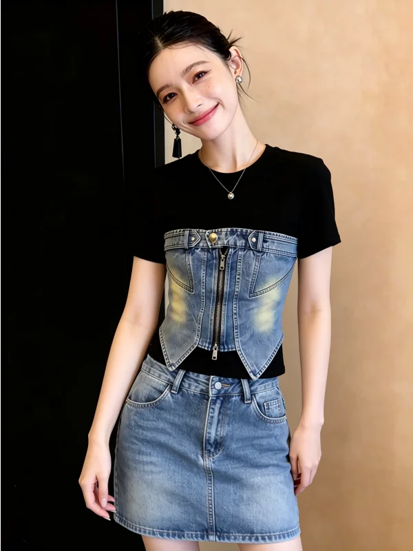 Summer New Style Slim Fit Black Denim Patchwork Short Sleeve T-Shirt Women's Fashion City Walk High Waist Zipper round Neck