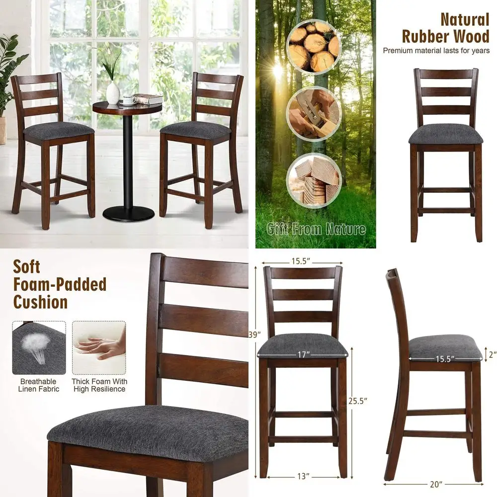 

Set of 2, 25.5 Counter Height Bar Stools with Backrest, Rubberwood Legs, Grey Fabric Cushion for Kitchen Island or Restaurant Us