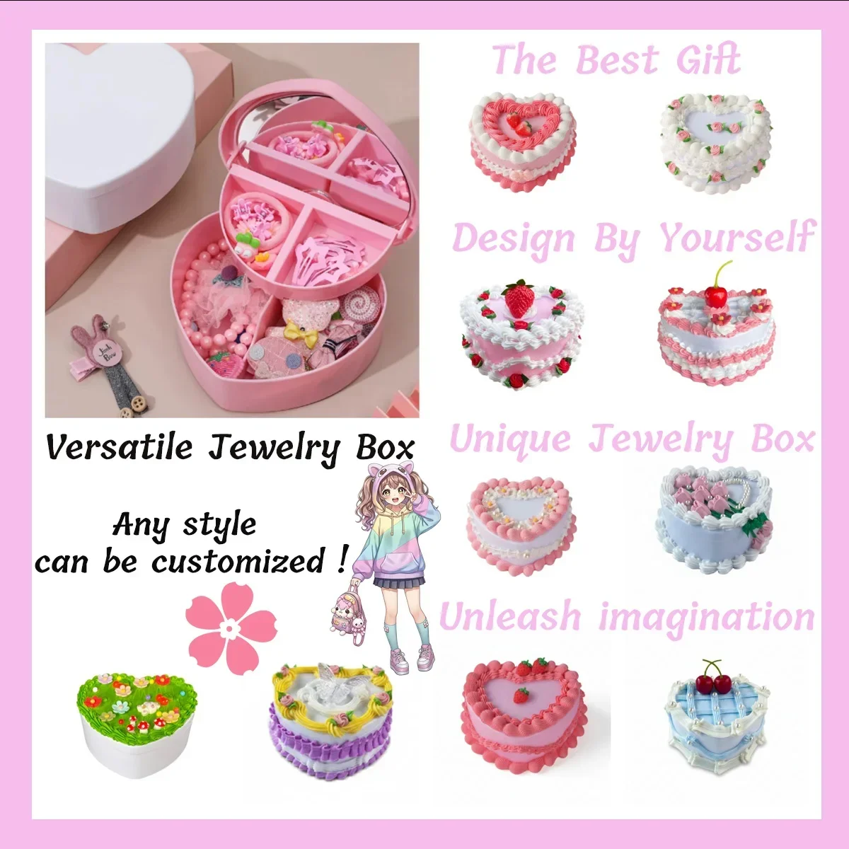 

Custom Heart Jewelry Box with Mirror, Double-Layer Storage, Ideal Gift for Her, Unique Design for Home Decor