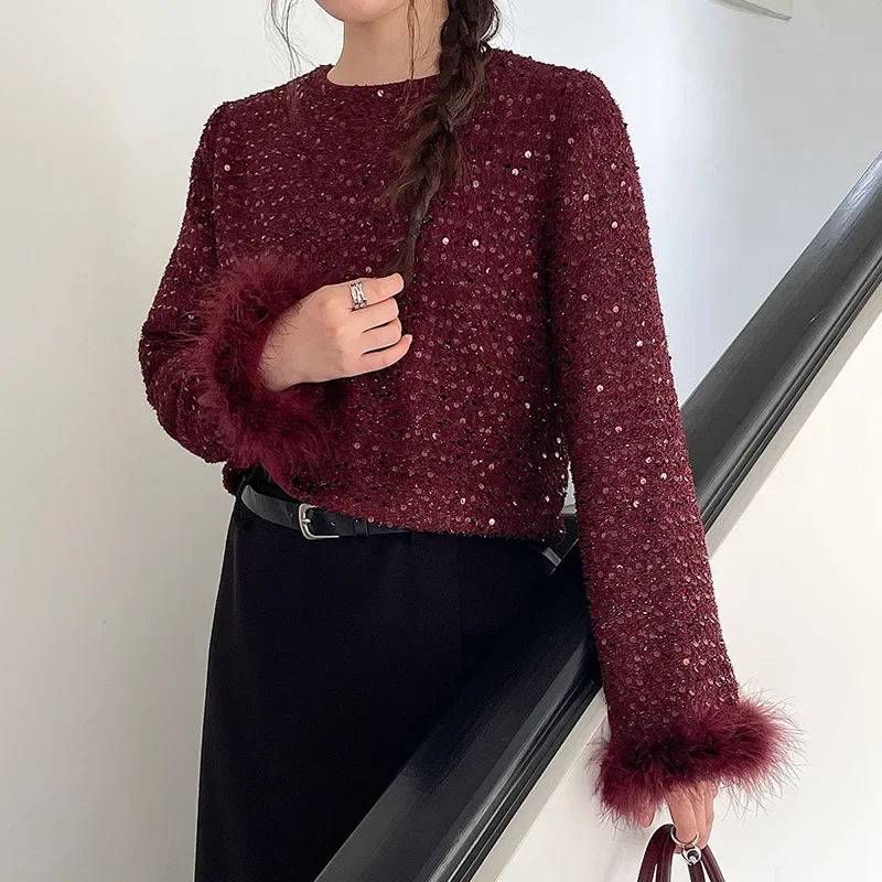 

French Sequined Red Shirt for Women Shiny Long-sleeved Stitching Feather Fashion Festival Autumn Winter Small Fragrance Lady Top