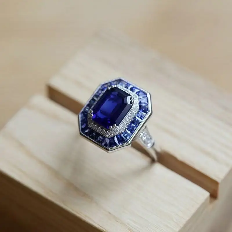 Vintage New in Blue Gemstone Wide Square Engagement Ring Court style Classic Banquet engagement Jewelry for Women party Gift