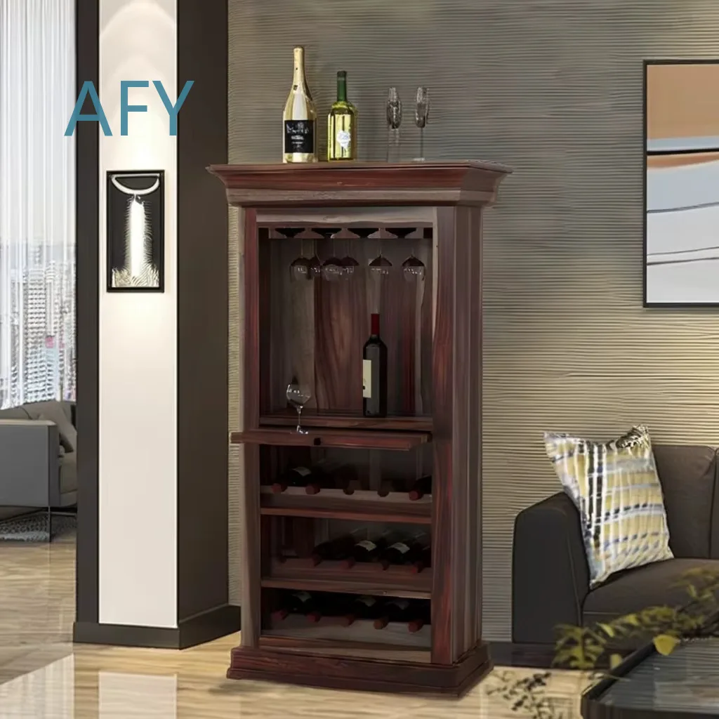 for Java Wood Furniture for Solid Teak Wood 15-Bottle Modern Wine Cabinet with Pull-Out Tray Glass Holder Stainless Steel