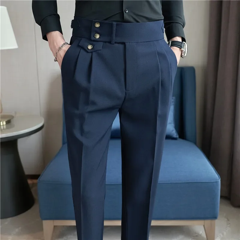 Pantalones de traje de cintura alta para hombre, pantalones de vestir informales de estilo británico, ajustados, formales, para oficina, boda y