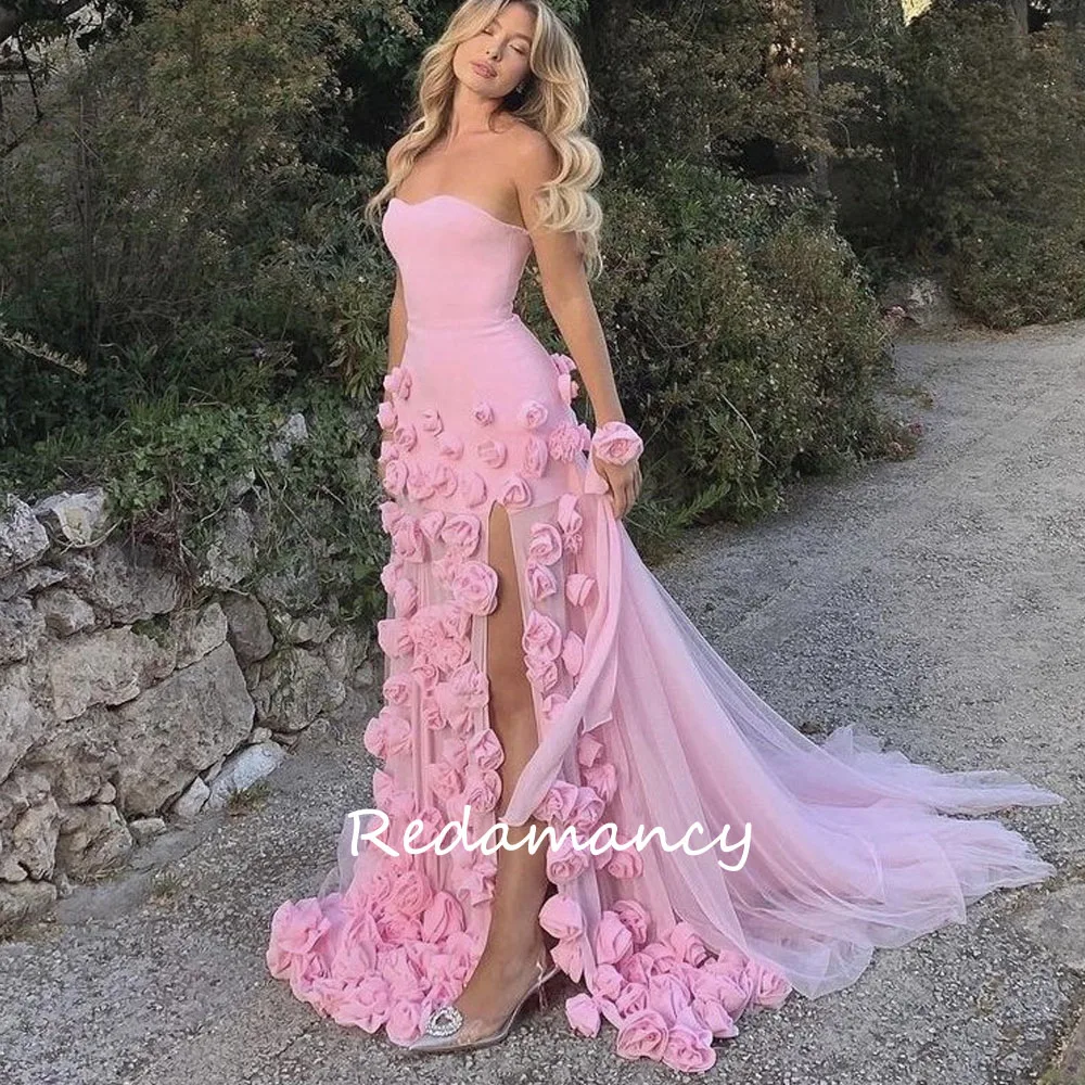 Redamancy Pink Sweetheart 3D Flowers Mermaid Prom Dresses 2024 Side Split Sweep Train vestidos de novia Wedding Party Dress